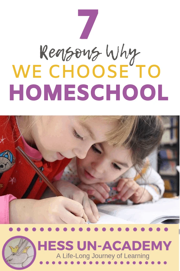 7 reasons why we choose to homeschool Ben and I have dozens of reasons why we choose to homeschool. Honestly, even making this list won’t cover ALL of the reasons we choose this life. And the answer I give people on any particular day tends to change according to my mood and their attitude.