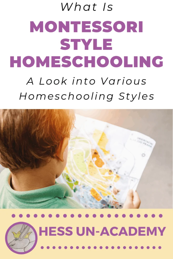 What is Montessori Homeschooling (is it for me?) 2 picture of Montessori homeschooled boy looking at colorful map with text overlay - What is Montessori style homeschooling? A look into the various styles of homeschooling
