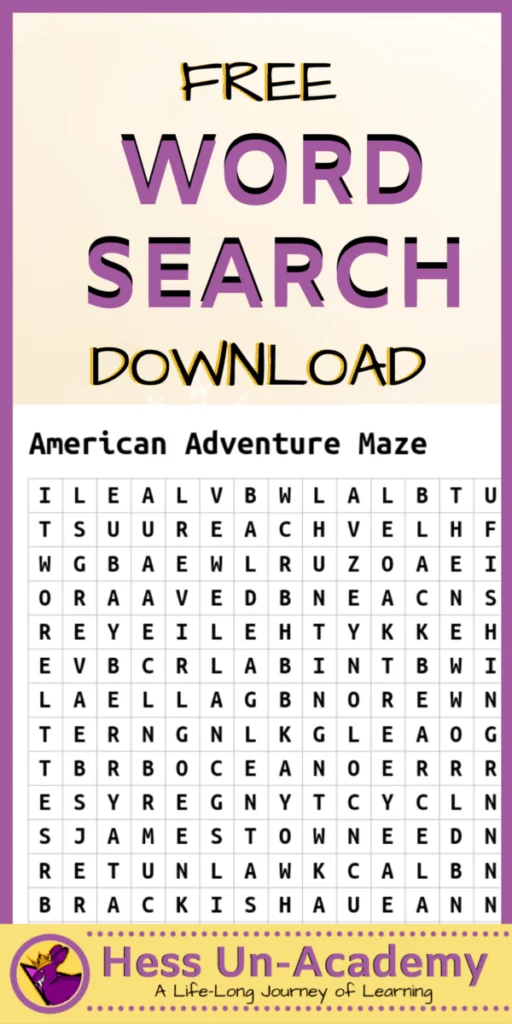 Thanksgiving Point American Adventure Maze 8 Free download for kids. Word search free printable to support your study of the early american settlers. Thanksgiving Point free download to accompany your homeschool field trip to the American Adventure Maze