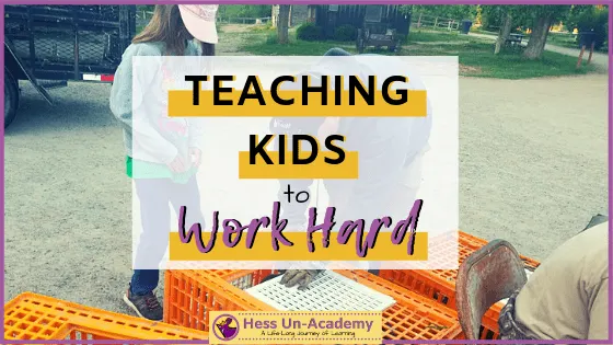 Girl and man with garden gloves working outside and putting things in crates. Text overlay teaching kids to work hard