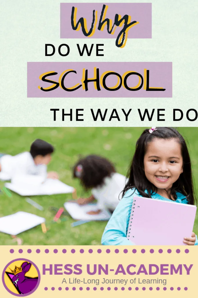 How to Raise Entrepreneurs in your Homeschool with the Hess UnAcademy Method. 2 smiling girl holding pink notebook kids studying in the background. Text overlay why do we school the way we do