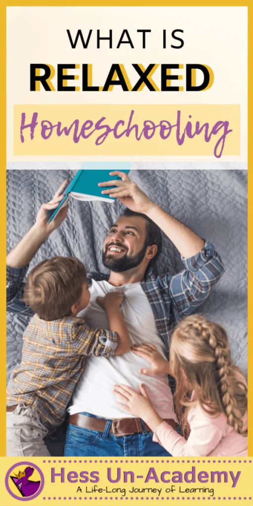 What Is Relaxed Homeschooling? Everything You Need to Know 2 Relaxed homeschooling dad lying on a bed reading a book to two happy homeschooled kids