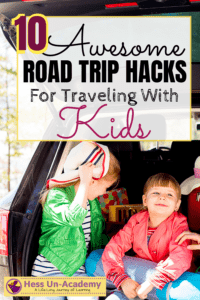 Road Trip Hacks For Kids | Top 10 Tips 3 kids on a road trip sitting in the trunk of the car with text overlay - 10 Awesome Road Trip Hacks For Traveling With Kids