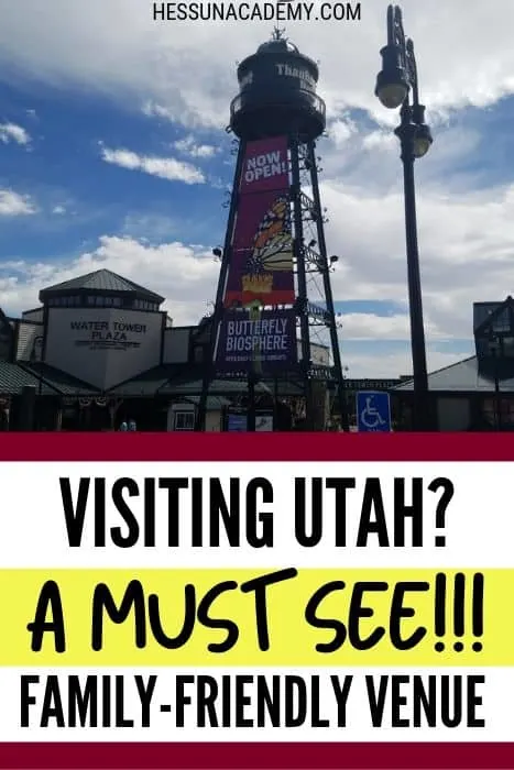 Educational Thanksgiving Point Activities and Events 24 Water Tower at Thanksgiving Point in Lehi, UT with text overlay - Visiting Utah? A must see family friendly venue