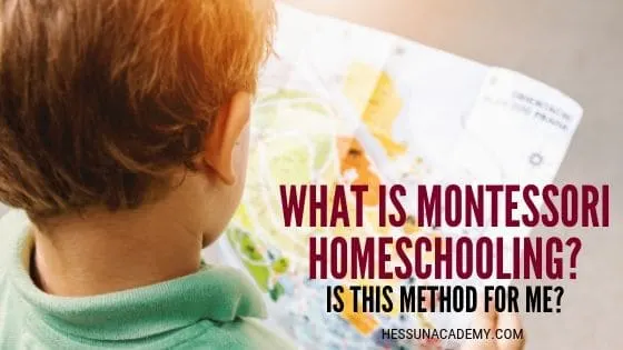picture of Montessori homeschooled boy looking at colorful map with text overlay - What is Montessori style homeschooling? A look into the various styles of homeschooling