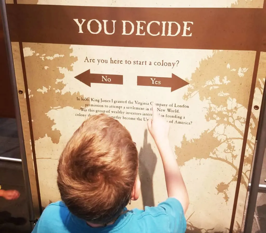 Educational Thanksgiving Point Activities and Events 10 Boy answering a question about early Colonial Jamestown at the Museum of Natural Curiosity at Thanksgiving Point in Lehi, UT