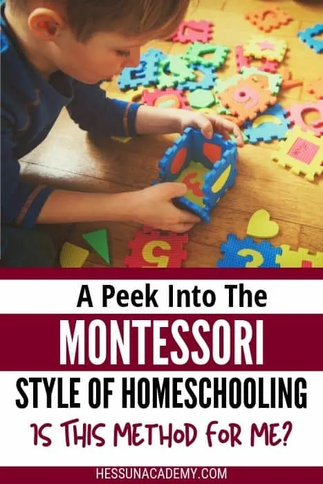 What is Montessori Homeschooling (is it for me?) 3 picture of Montessori homeschooled boy putting together a puzzle with text overlay - a peek into the montessori style of homeschooling is this method for me