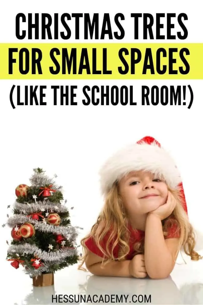 Christmas Trees for Small Spaces (Like an RV or the School Room) 2 Little Girl by a small Christmas tree ready for Christmas in a small space.