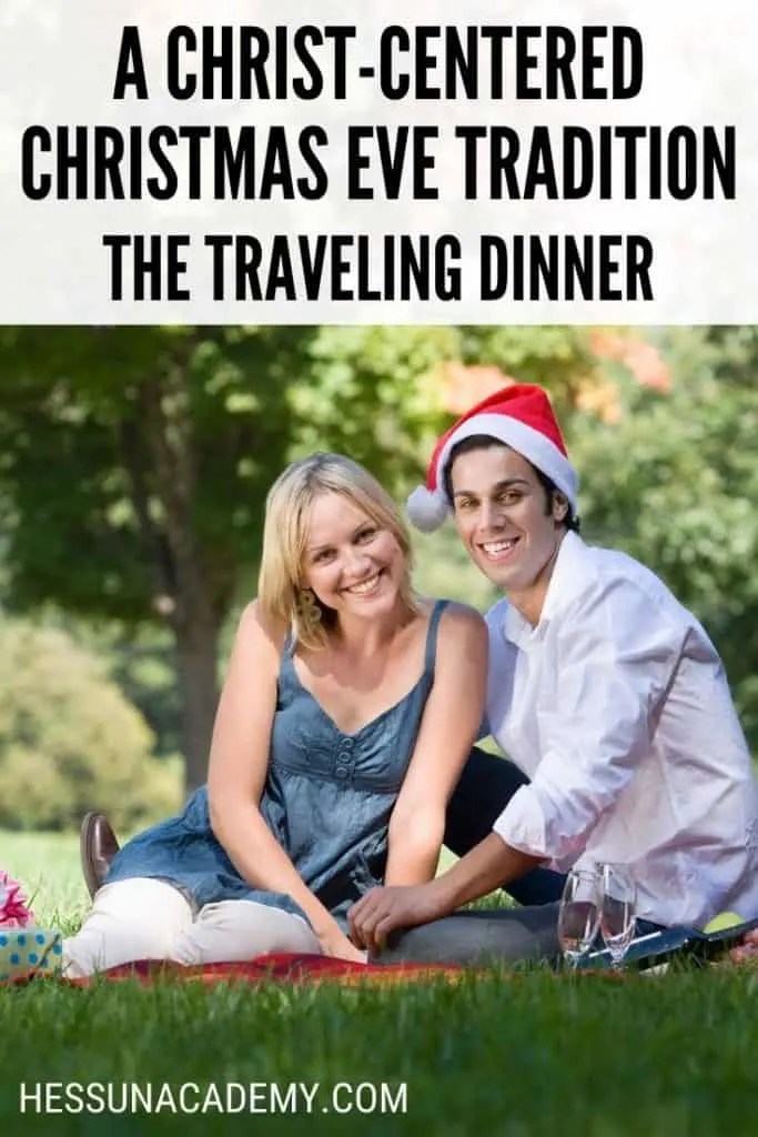 A Christ-Centered Christmas Eve Tradition: The Traveling Dinner 8 Homeschooling parents with a Christmas hat enjoying a Christ-centered Christmas Eve tradition called the traveling dinner