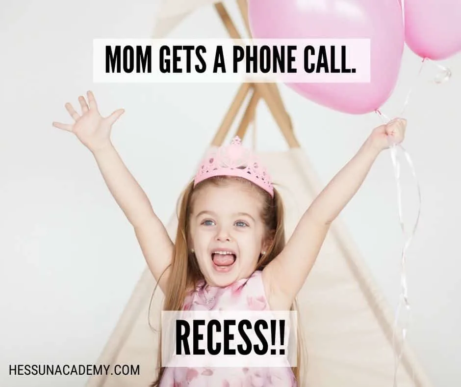 The Best Funny Homeschool Quotes and Memes (2025 Update) 28 Funny homeschool meme with a cute little girl wearing a pink crown and holding pink balloons celebrating because her mom got a phone call