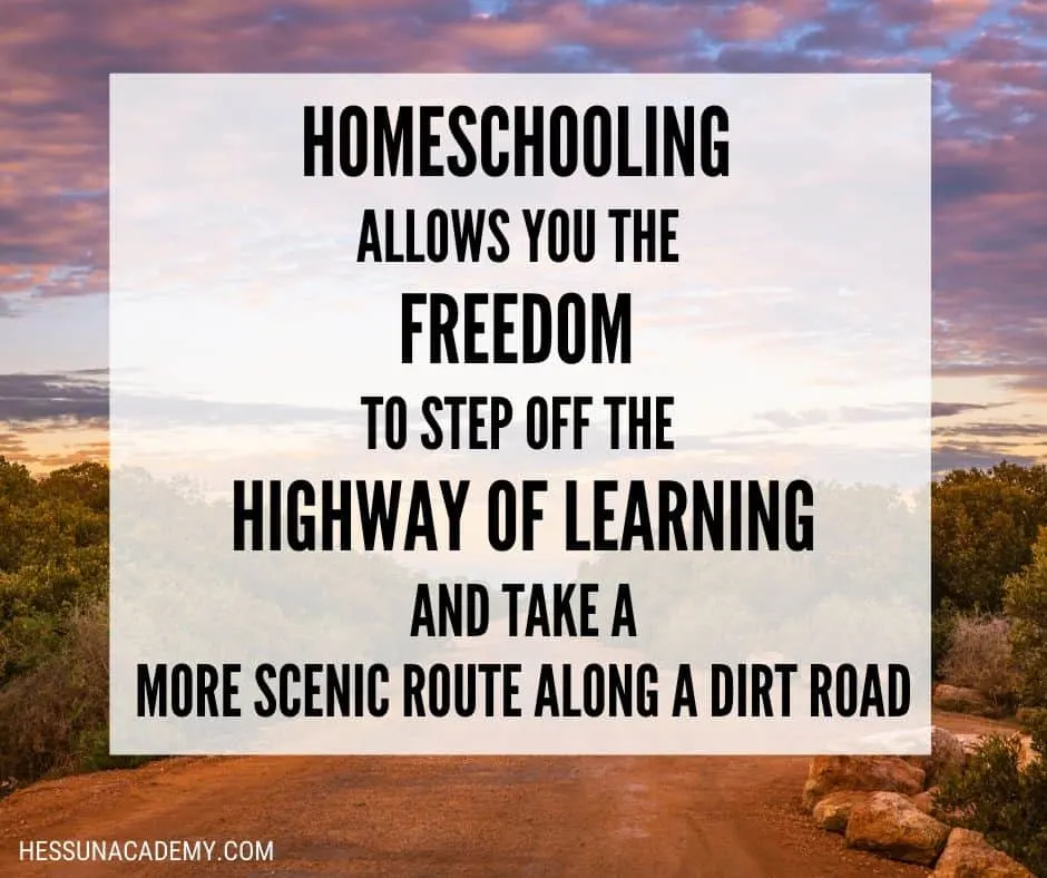 The Best Funny Homeschool Quotes and Memes (2025 Update) 13 Dirt road with trees and a sunset with an inspiring homeschool quote about homeschooling freedom.