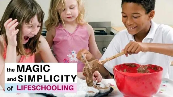 3 young kids homeschooling and lifeschooling in the kitchen while making cupcakes