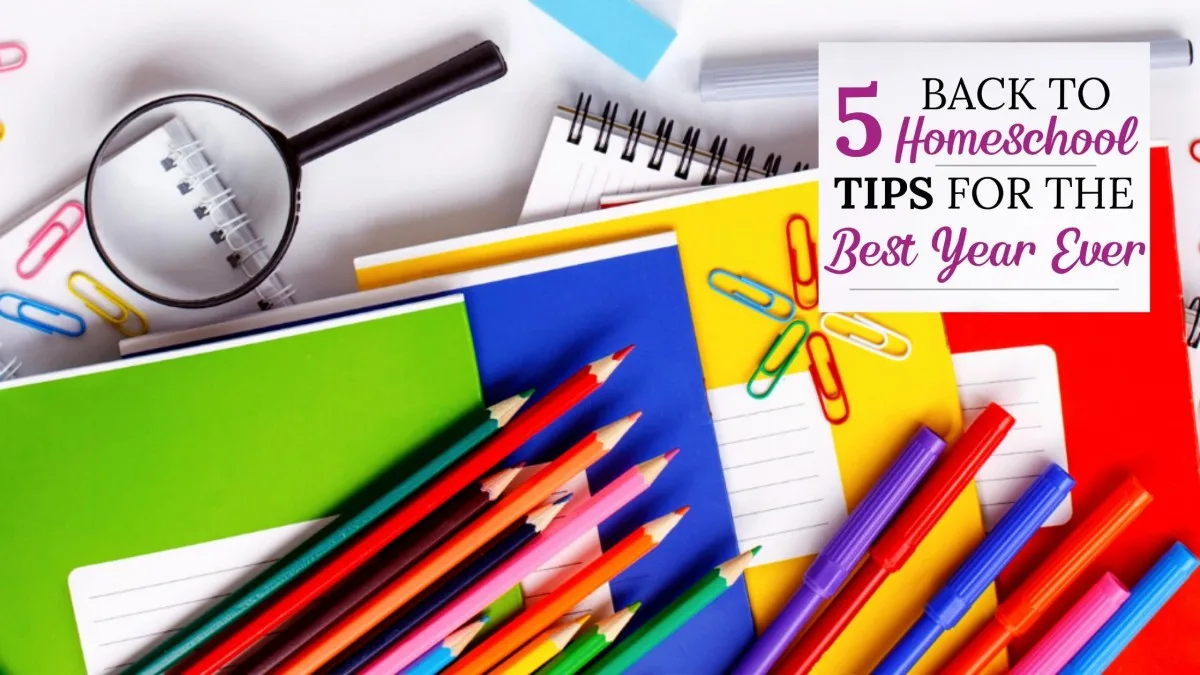 Pile of school supplies you'll need for back to homeschool tips