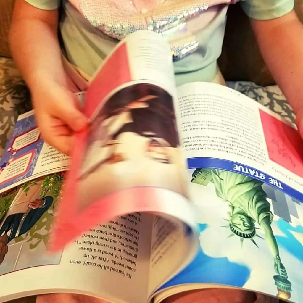 Christian Homeschool Program That's Easy To Love 7 little girl reading a Christian American History homeschool book