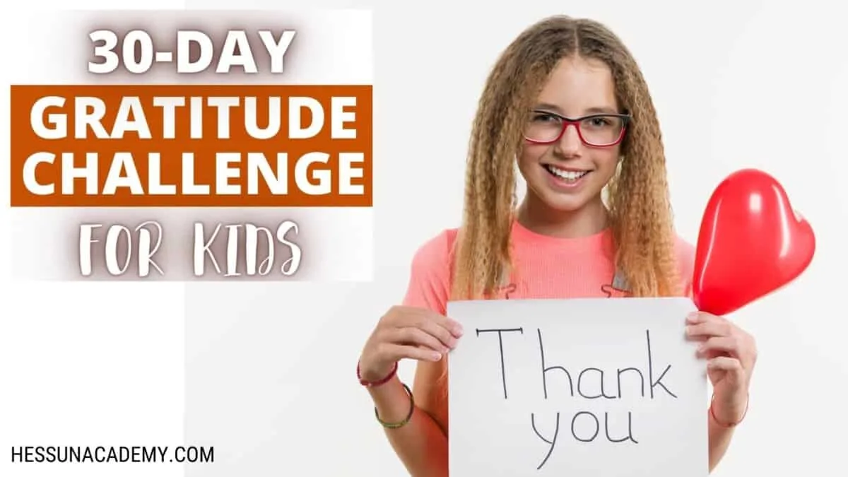 Young girl holding a pink balloon and a thank you sign participating in a 30-day challenge for kids
