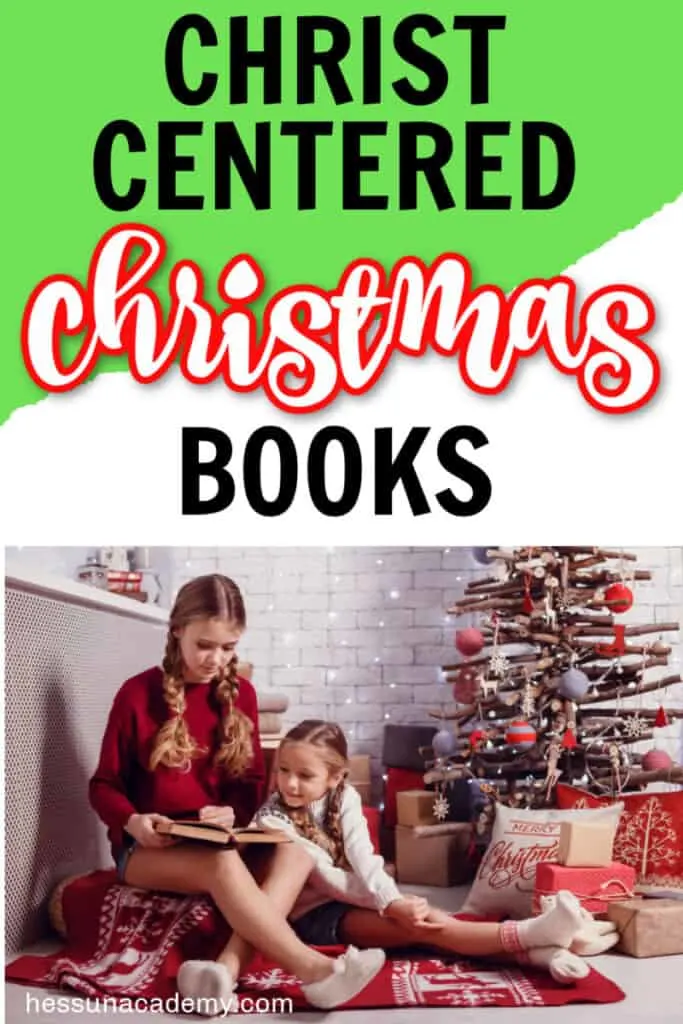 Christ-Centered Christmas Books for Children 54 two little girls sitting by a Christmas tree reading a Christ-centered Christmas book for kids