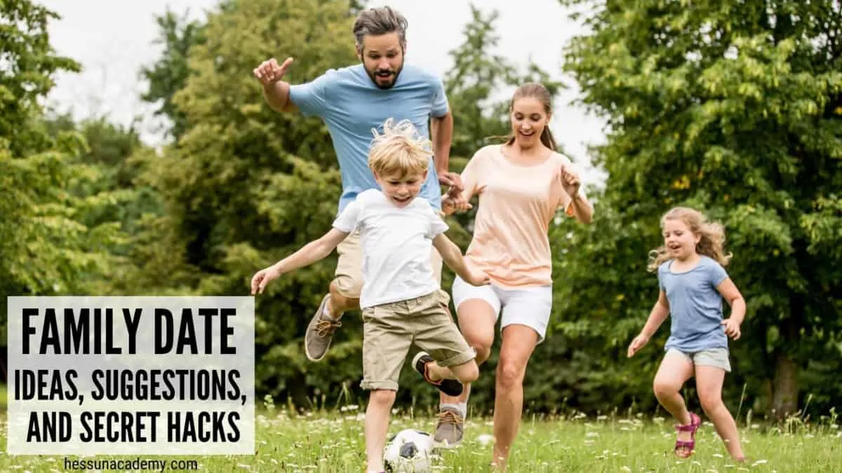 Mom, Dad, and two kids playing soccer as a fun family date idea for the whole year