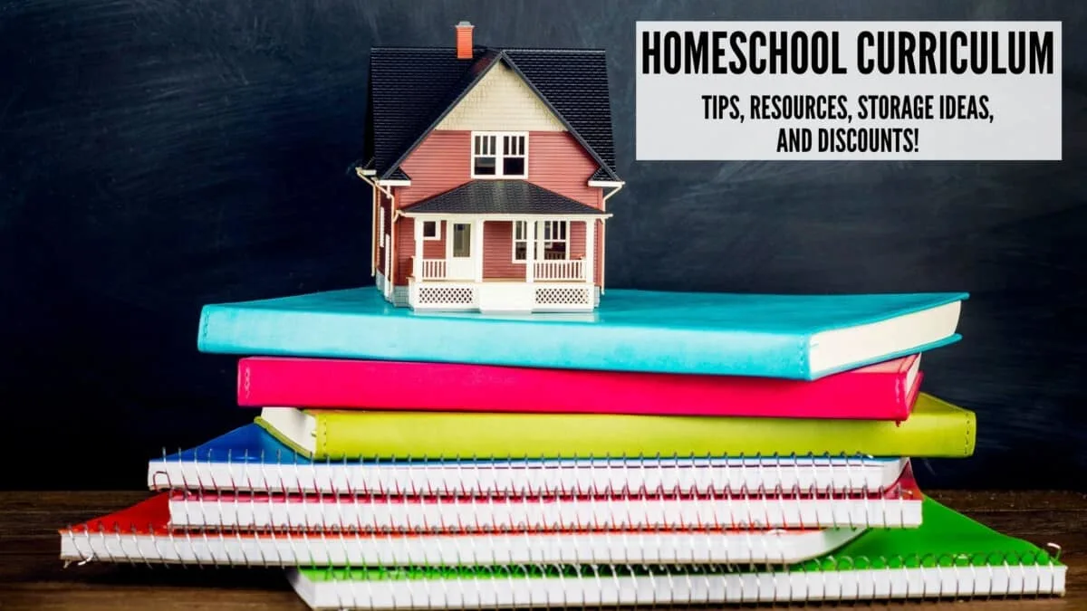 Stack of books and curriculum with a toy house on top for homeschool curriculum tips