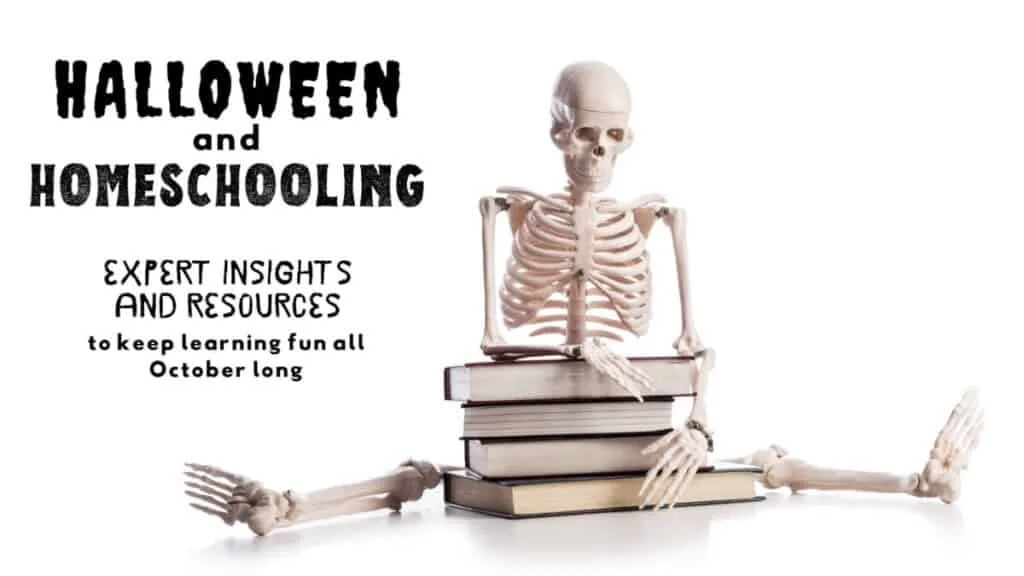 Halloween Homeschooling Resources | Because Learning Should Be Fun! 37 Skeleton sitting behind a pile of books for Halloween and homeschooling resources and tips