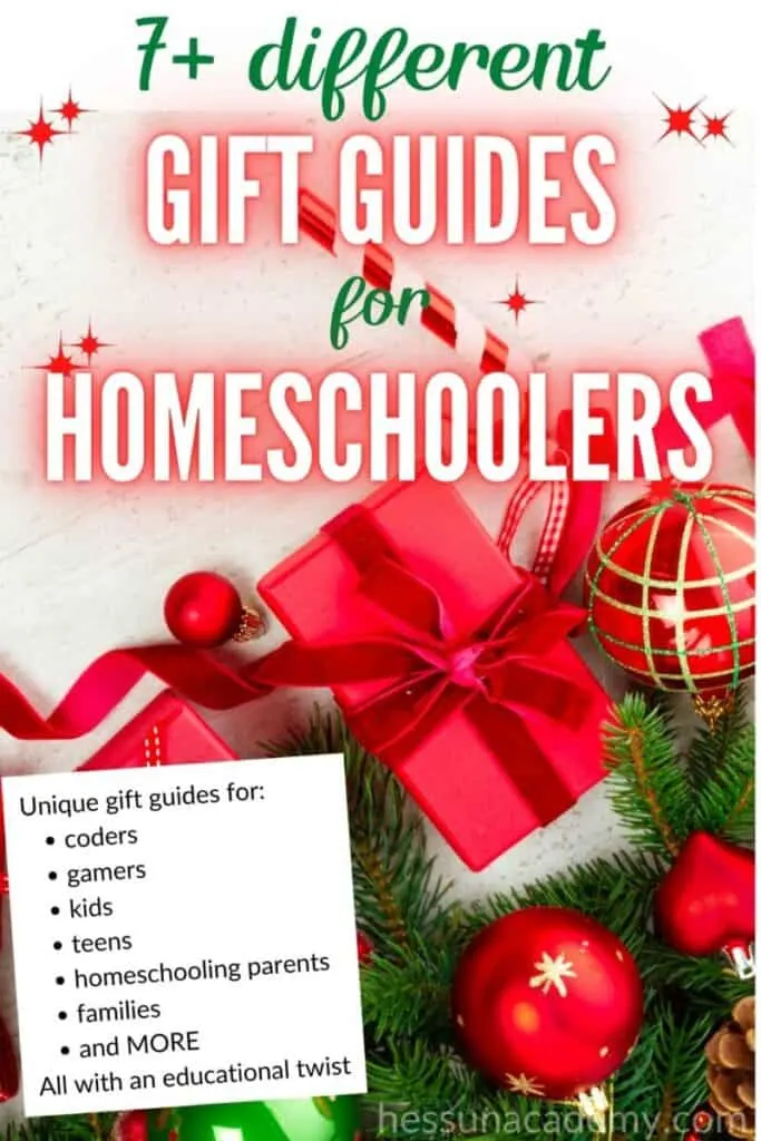 Gift Guides for all the Homeschoolers on Your List 2 pile of red christmas gifts for homeschoolers nestled in green garland