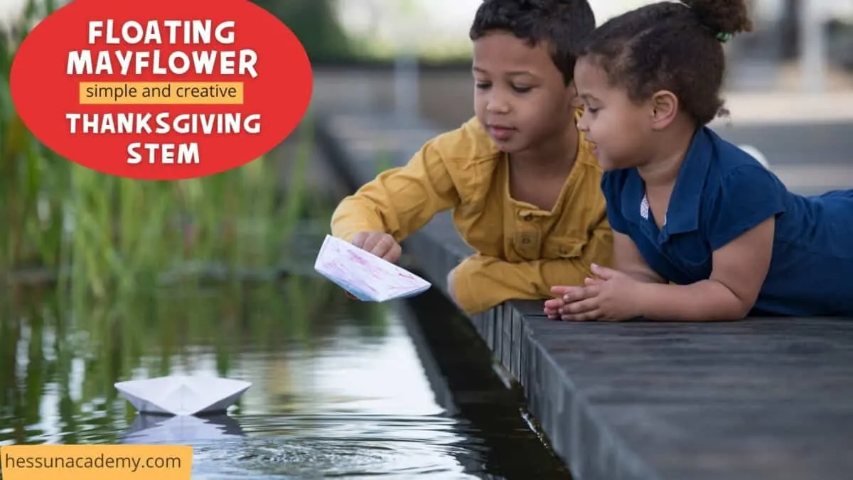 Kids making homemade boats and floating them in the water for a STEAM activity