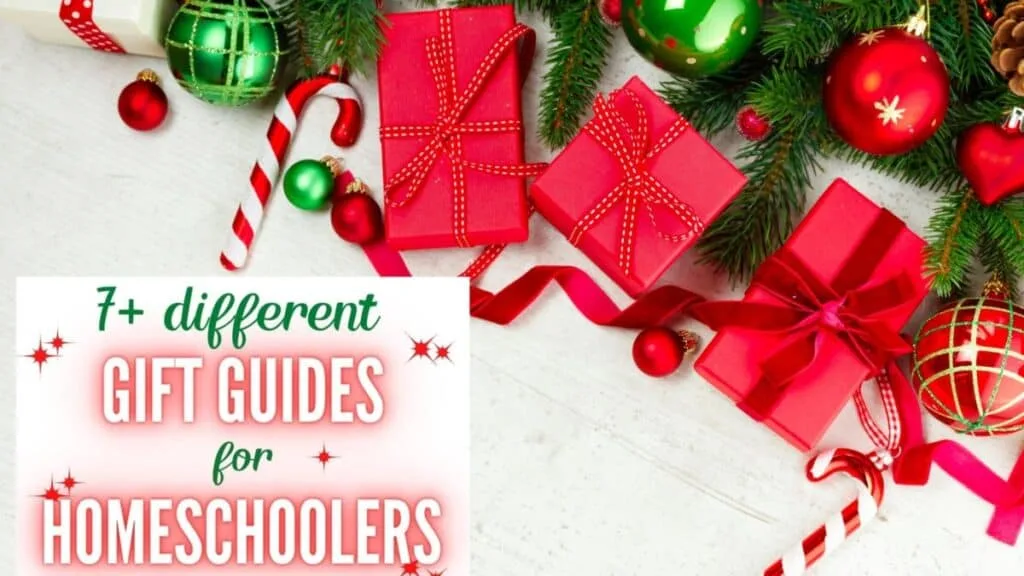 Gift Guides for all the Homeschoolers on Your List 1 pile of red christmas gifts for homeschoolers nestled in green garland