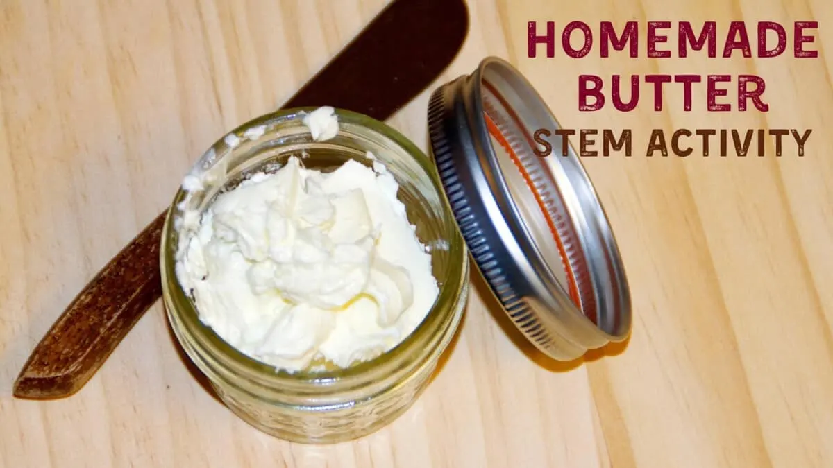 jar of homemade butter with a butter knife thanksgiving STEM activity for kids