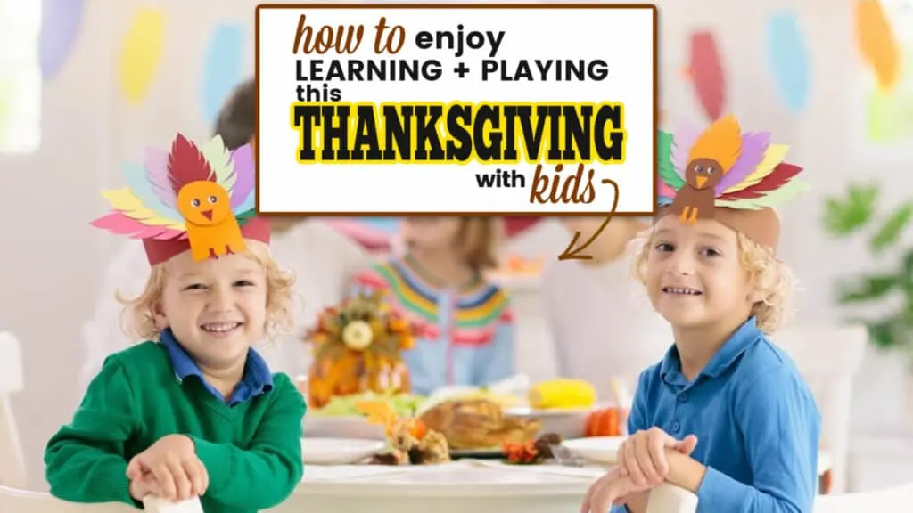 Thanksgiving and kids activity featuring two kids smiling at the camera wearing paper native american hats
