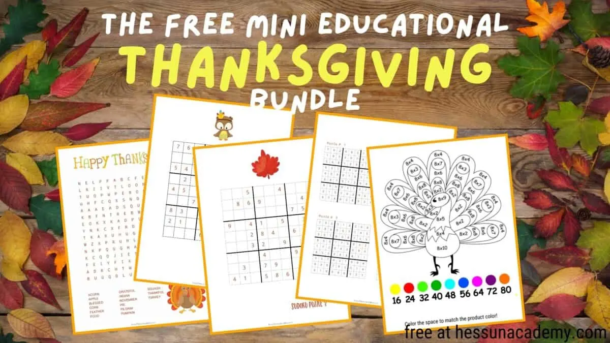 mini educational thanksgiving activity bundle with sudoku, word searches, and multiplication worksheet