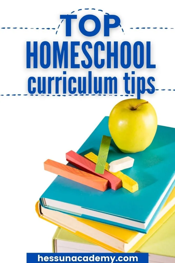 Homeschool Curriculum Tips, Resources, and Storage Ideas 2 pile of homeschool curriculum and an apple with the caption top homeschool curriculum tips