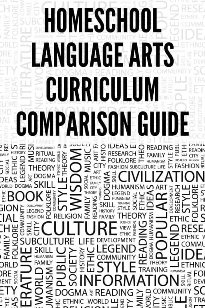 Homeschool Language Arts Curriculum Comparison Guide 4 collection of words depicting homeschool language arts curriculum lessons and guides