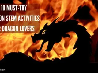 Black dragon silhouette over flames for dragon stem activities