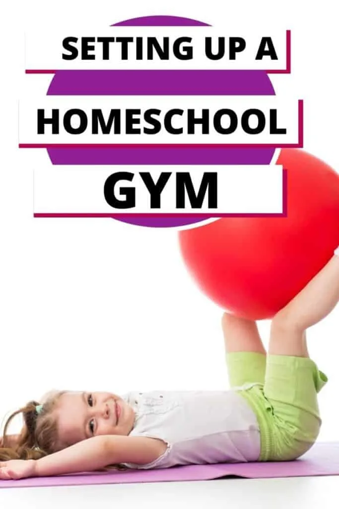 How To Easily Set Up Your Own Homeschool Gym 1 girl on a yoga mat with an exercise ball in her own homeschool gym