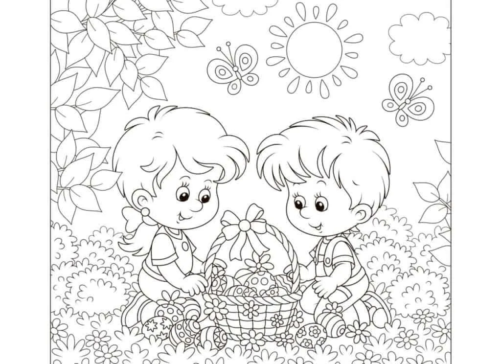 Free Easter Printables For Kids to Enjoy 8 Free Easter activity pages including boy and girl with Easter egg basket in the springtime, ready to color.