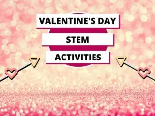 Pink background with heard arrows Valentine's Day STEM Activities for kids