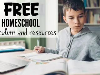 little homeschooled boy with papers and a laptop enjoying free homeschool curriculum and resources