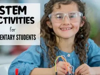 little elementary school girl enjoying a stem activity with wires and safety goggles