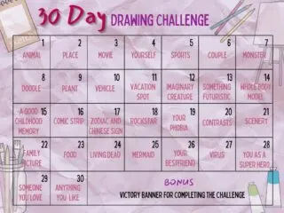 30 day drawing challenge calendar for kids