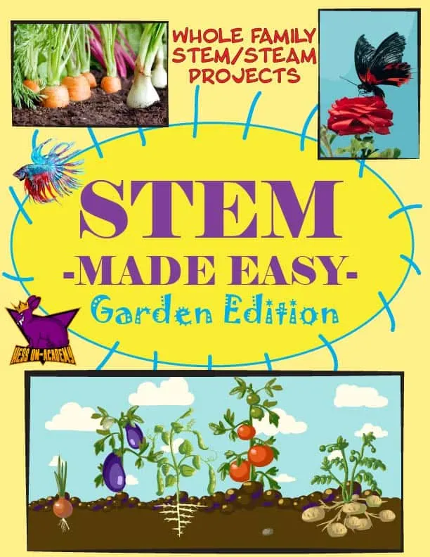 STEM Made Easy Books For Kids Ages 3-19 9 Cover of STEM Made Easy Gardening Book with gardens, vegetables, and a butterfly