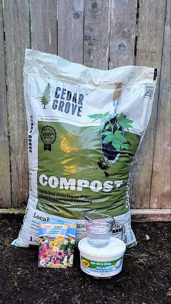 DIY Seed Bomb STEM Project for Kids 4 compost, wildflower seeds, and air dry clay for DIY seed bombs