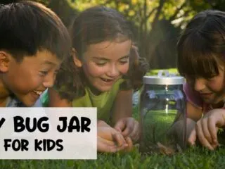 three kids playing with a bug jar filled with plants and bugs