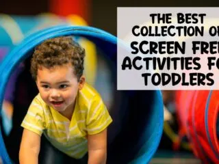 little boy crawling through a blue tube as a fun screen free activity for toddlers