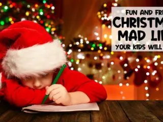 little boy under a Christmas tree enjoying some Christmas Mad Libs