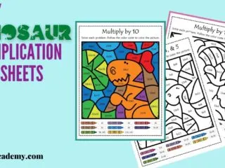 preview of some fun dinosaur multiplication worksheets with a color by number theme