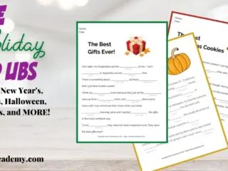 example of fun holiday Mad Libs printables including Halloween, Christmas, and more