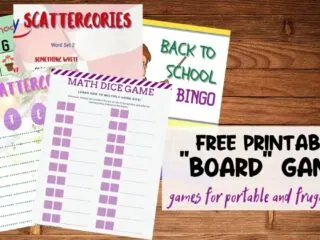 free printable board games such as scattergories, BINGO, and Math Dice