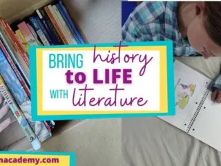 young girl going through history through literature books and a notebook with Beautiful Feet Books curriculum