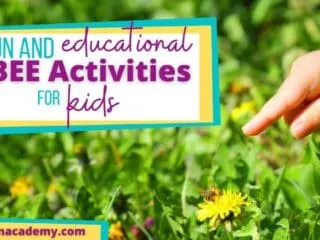little kid hand pointing at a bee on a dandelion as part of a collection of fun bee activities for kids