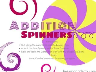 A colorful swirl wheel with purple and yellow advertising addition spinners printable math game