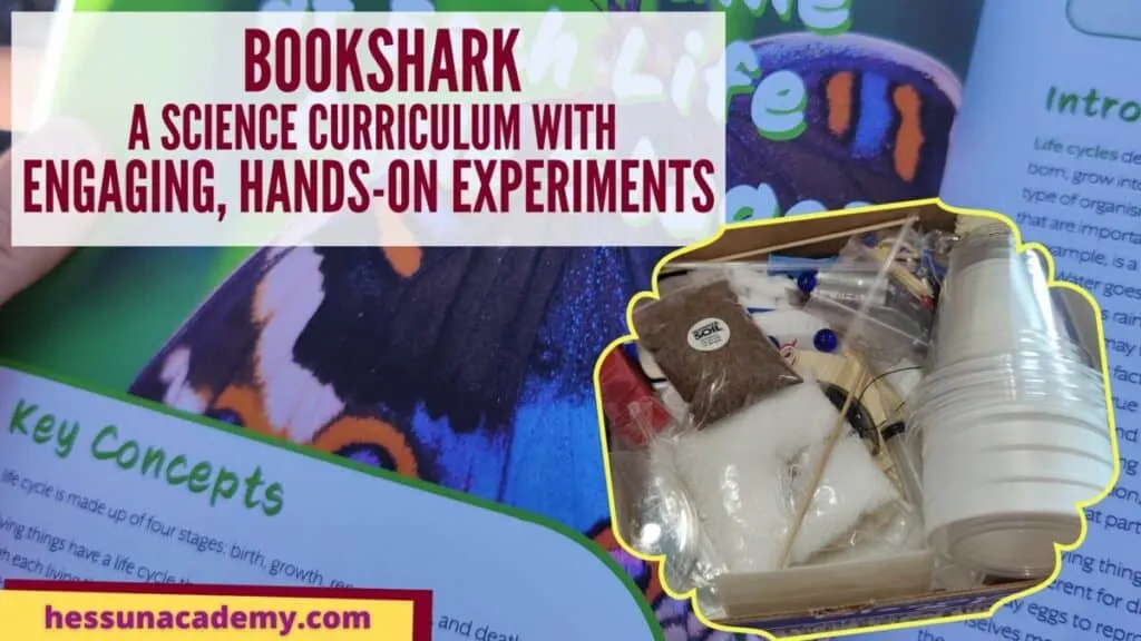 BookShark | A Science Curriculum with Engaging, Hands-on Experiments 1 background with a BookShark science curriculum book and a zoom in on a science kit filled with materials for projects